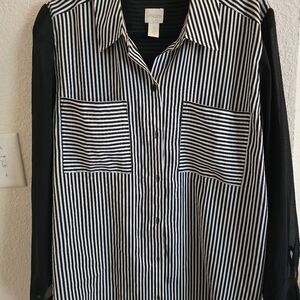 Chicos Sheer Striped Button Up Blouse Shirt Size 3 / XL Pleated Loose